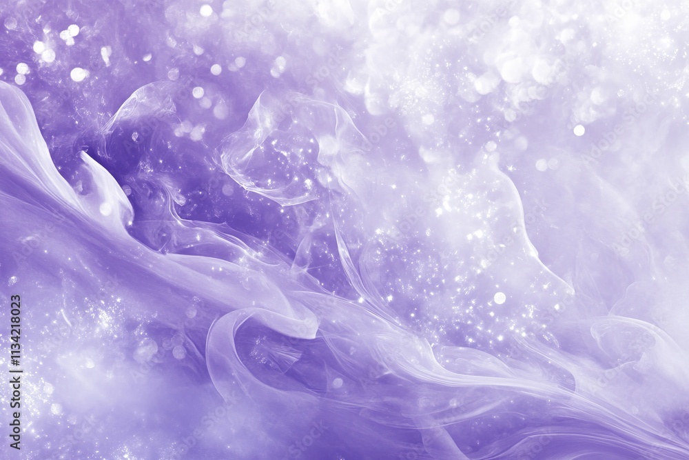Poster ethereal purple background with soft swirls and sparkling bokeh effect for design, arts, and creativ
