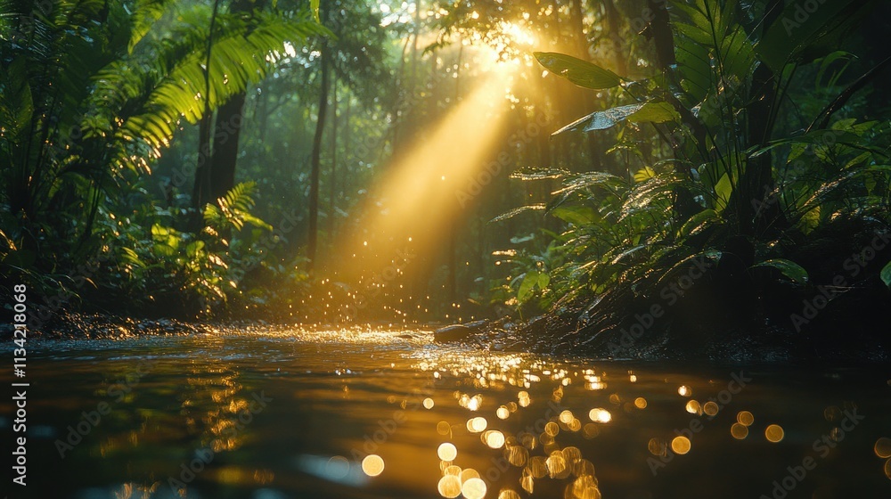Poster a serene forest scene with sunlight filtering through trees, illuminating a tranquil stream.