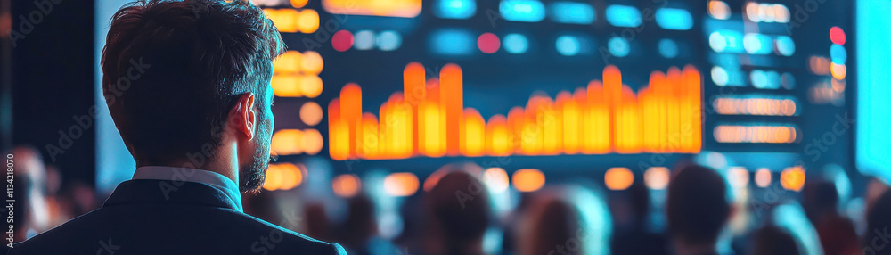 Poster a businessman observes data analytics on a large screen, showcasing colorful graphs and metrics duri