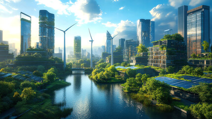 Naklejka premium A vibrant, futuristic cityscape with lush greenery, wind turbines, and solar panels, reflecting a harmonious blend of nature and technology.