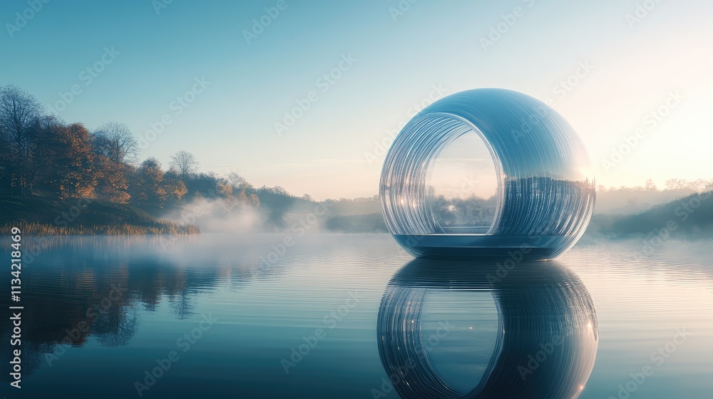 Poster a floating transparent bubble structure on a calm lake, reflecting the water environment