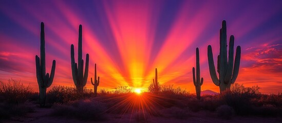 Vibrant sunset over desert landscape with cacti silhouettes.