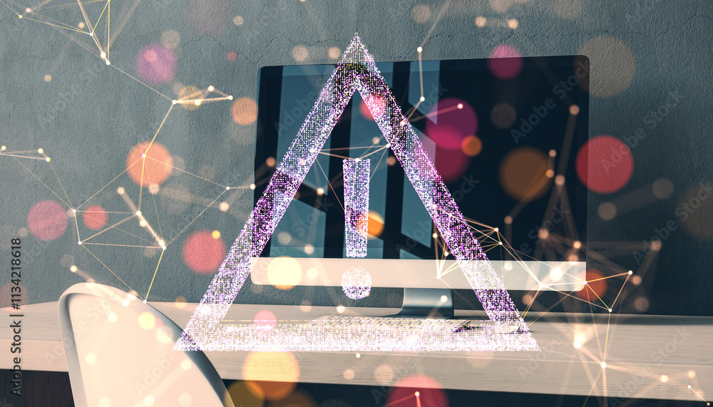 Aufkleber Warning exclamation mark hologram on computer screen with abstract digital background and colorful bokeh dots concept.