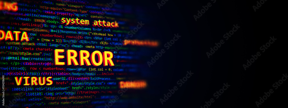 Leinwandbilder Abstract digital code background with error text and system warning in neon colors on dark backdrop, concept of technology problem. 3D Rendering