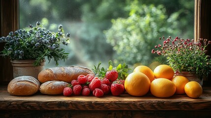 Rustic arrangement of bread and fresh produce