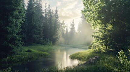 Serene sunrise over a calm river flowing through a lush green forest.