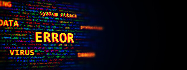 Abstract digital code background with error text and system warning in neon colors on dark backdrop, concept of technology problem. 3D Rendering