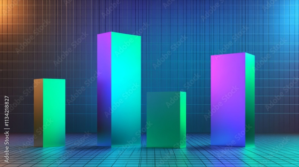 Poster Colorful 3D Bar Graph on Geometric Background with Neon Lights