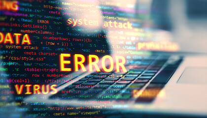 Digital computer screen showing error, virus, and data-related code overlay on a laptop keyboard, symbolizing cybersecurity problems.