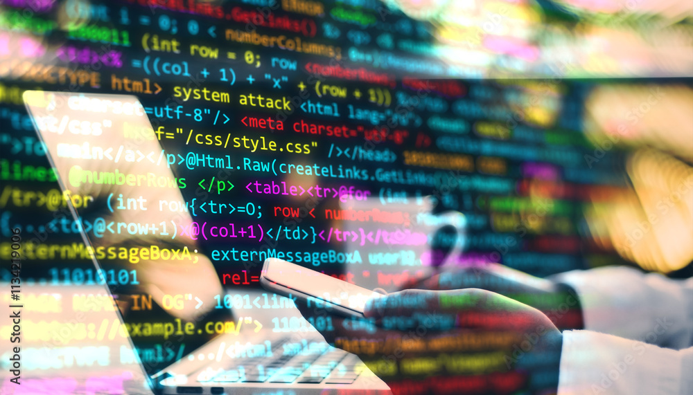 Poster Programming code overlaying a person using a laptop and smartphone, representing tech innovation and digital concepts.