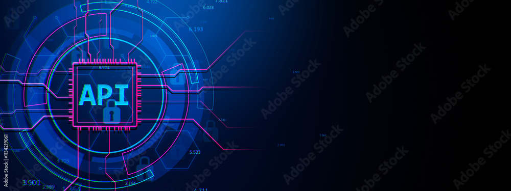 Aufkleber Abstract API interface neon circuit design on dark blue background. 3D Rendering