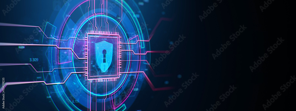 Poster Digital shield and lock symbol with neon circuit lines on dark background, representing cybersecurity and data protection. 3D Rendering