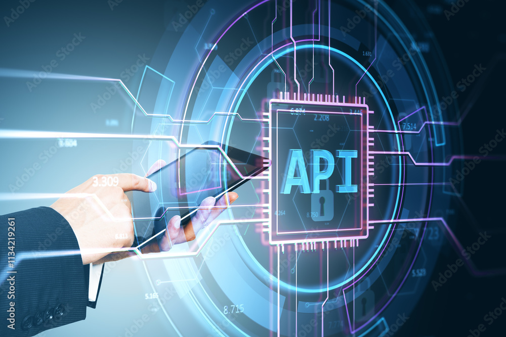 Poster Futuristic API interface concept with businessman using tablet in digital environment.