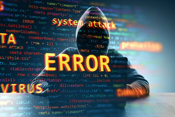 Cybersecurity error concept with hacker and digital code overlay on dark background.