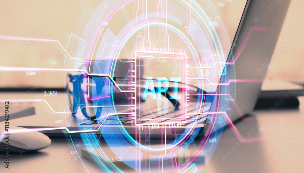 Aufkleber digital api interface hologram over blurred laptop and desk, concept of modern technology and softwa