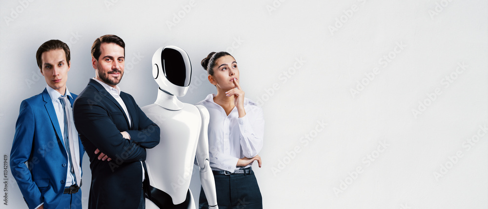 Poster business team with robot assistant on white background.
