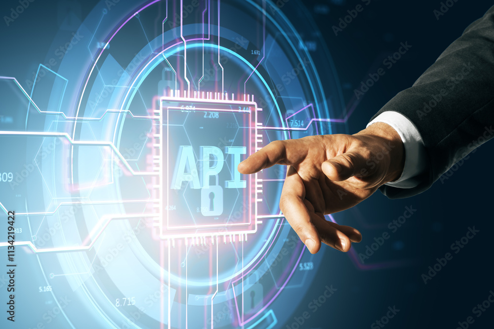 Poster Digital interface showing API concept with businessman hand interacting with virtual touch interface.