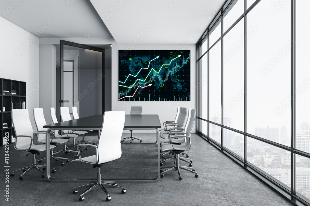 Poster modern conference room with city view and digital stock market chart on screen. 3d rendering