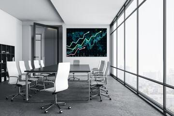 Modern conference room with city view and digital stock market chart on screen. 3D Rendering