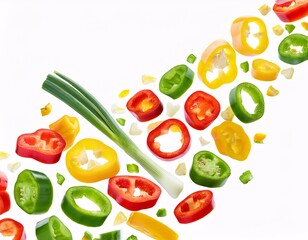 Naklejka premium Slices of red, green and yellow fresh peppers artistically arranged on a white background