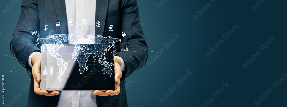 Poster digital world currency symbols with holographic map in hands of businessman on dark background.