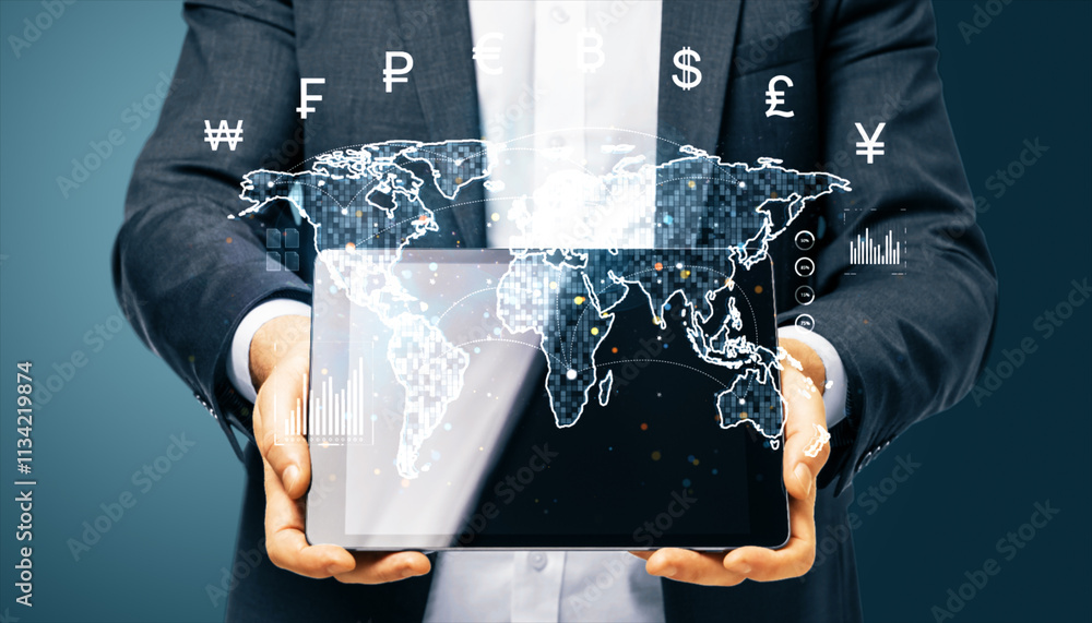 Poster digital tablet showing global currency icons and holographic world map in businessman hands.
