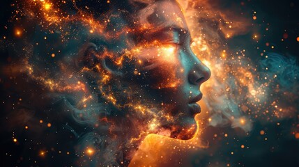 A cosmic profile of a person surrounded by vibrant, swirling galaxies and stars.