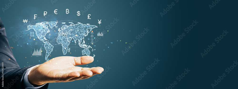 Aufkleber digital world map with currency symbols floating over a hand on dark background. concept of global f