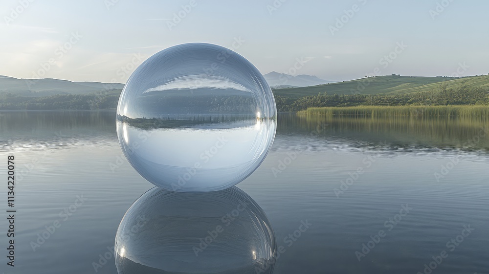 Poster a floating transparent bubble structure on a calm lake, reflecting the water environment