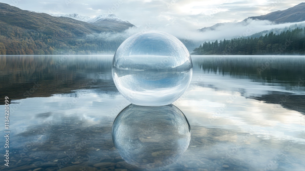 Poster a floating transparent bubble structure on a calm lake, reflecting the water environment
