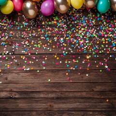 Festive carnival new year's eve celebration birthday party banner texture, greeting card - Fallen colorful multicolored confetti and balloons on rustic brown wooden table background, top view