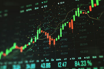 Financial data screen with upward stock chart and glowing candlesticks on dark background. 3D...
