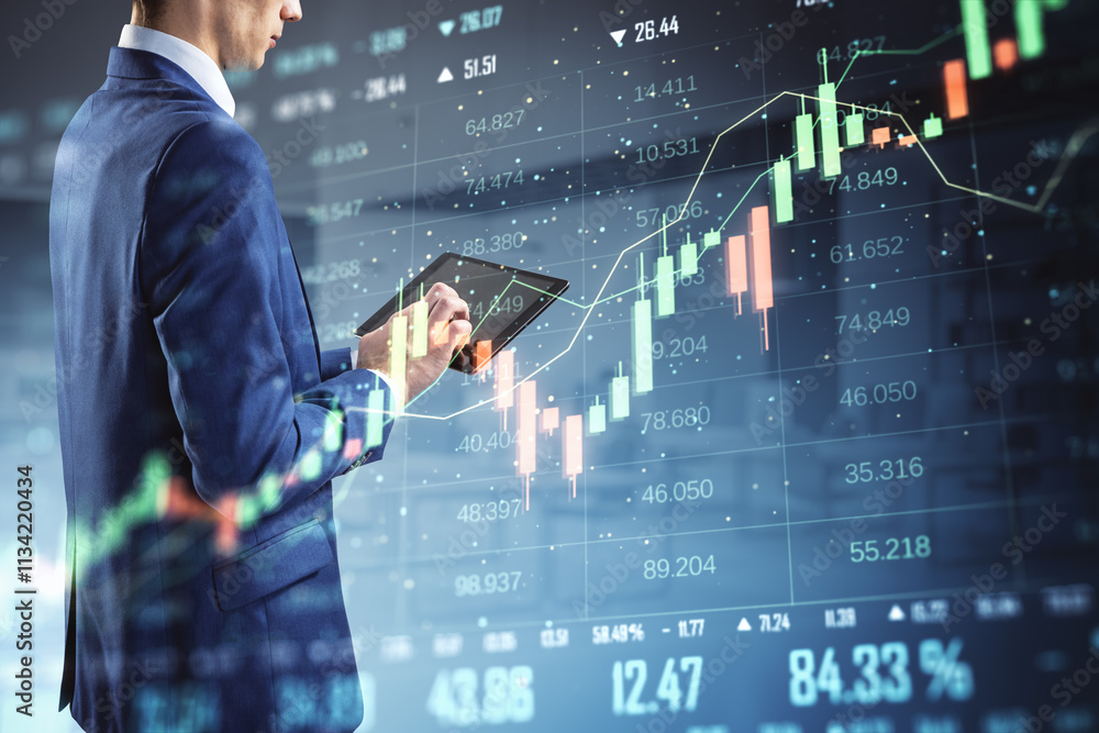 Poster businessman analyzing financial data on tablet with digital stock market graph overlay in modern set