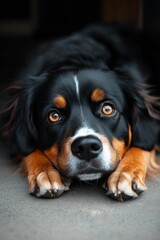Close-up of a Bernese mountain dog laying on the floor