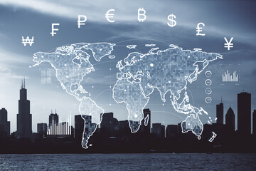 Digital global currency exchange concept with world map and finance icons over Chicago skyline at sunset.