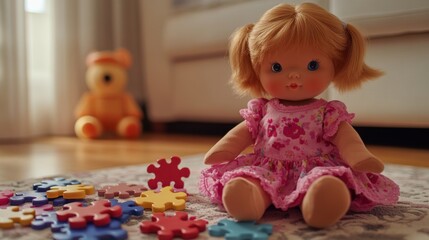 Fototapeta premium A vintage-style doll seated on a rug, surrounded by colorful puzzle pieces, in a child's room.