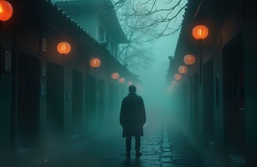 Mysterious figure stands in foggy alleyway. Dimly lit lanterns hang along ancient buildings. Misty atmosphere creates eerie mood. Potential themes include mystery adventure travel in historical