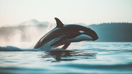 Obraz premium Majestic Whale Breaching the Ocean Surface at Dawn