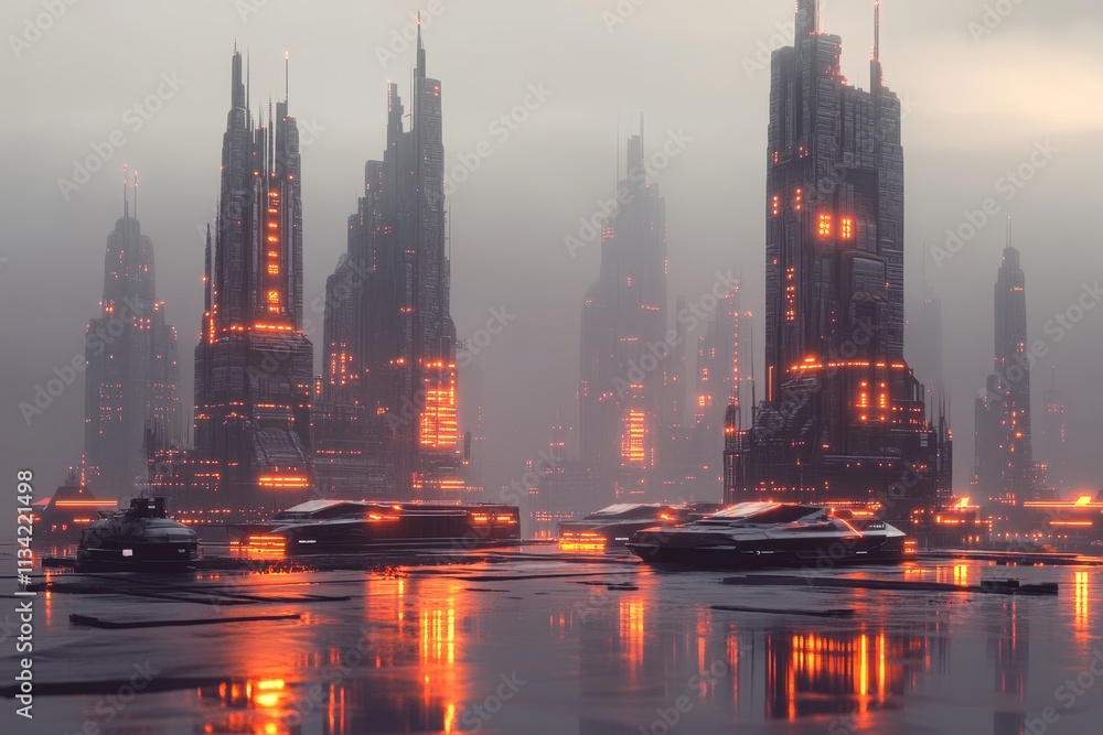 Poster futuristic cityscape at dusk with glowing skyscrapers and reflections in water, creating a dystopian