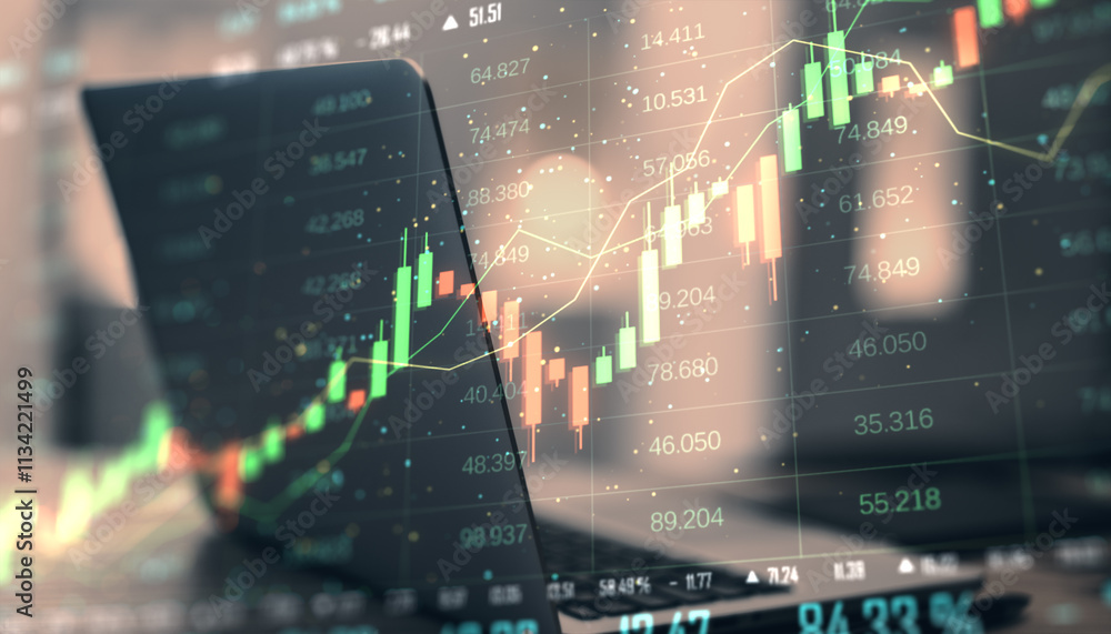Poster financial data visualization with candlestick chart on blurred laptop screen background.