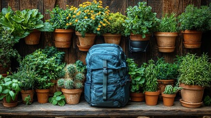 Fototapeta premium Collection of potted plants and a blue backpack outdoors