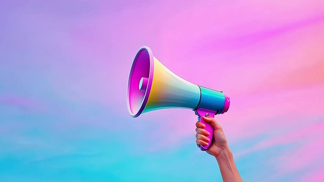 Hand holding a colorful megaphone against a pastel blue and pink gradient background.