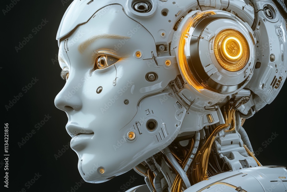Poster futuristic close-up of a female android head with intricate details and glowing elements showcasing 