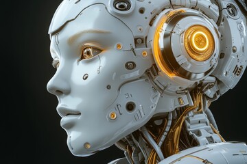 Fototapeta premium Futuristic Close-Up of a Female Android Head with Intricate Details and Glowing Elements Showcasing Advanced Robotics and Artificial Intelligence Technology
