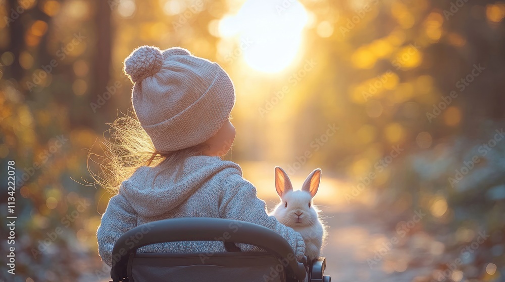 Poster a child with a bunny in a stroller, enjoying a serene forest path during autumn.