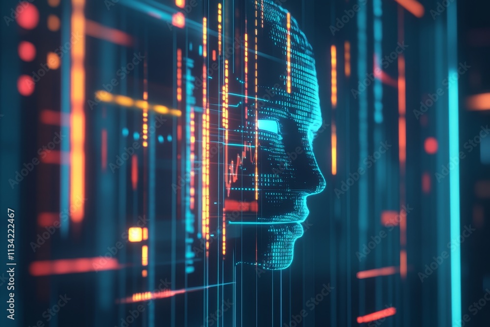 Aufkleber futuristic digital human face design with neon lights and data visualization representing artificial