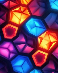 Vibrant Hexagonal Abstract Geometric Pattern Design, Colorful Illuminated Polygons, 3D Render of Luminous Shapes, Glowing Hexagons, Digital Art Background