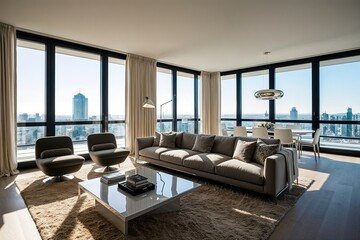 Futuristic Bright Apartment Design Featuring Oversized Windows and Modern Furnishings