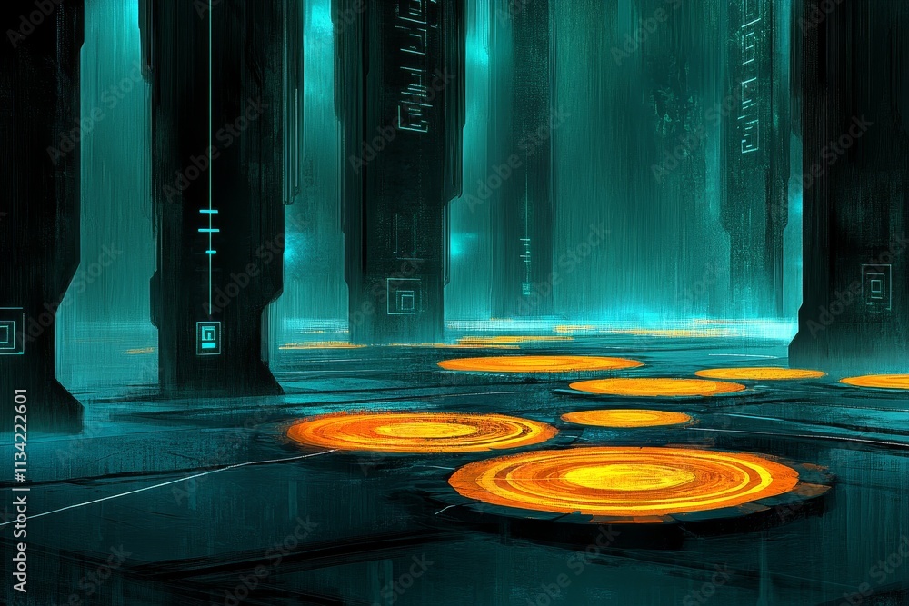 Poster futuristic digital landscape with glowing circular platforms surrounded by abstract columns and ethe