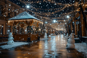 Obraz premium Christmas decorations in town square with snow-covered gazebo
